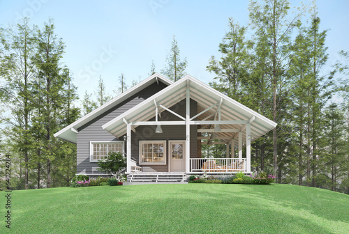 Modern luxury american farmhouse style small house exterior on hillside with green lawn, 3d render with gray plank walls and showing white roof structure surrounded by pine forest.