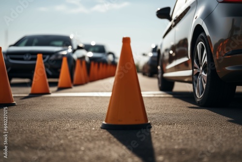 Car navigates traffic cones, a vital component of the driving license test.