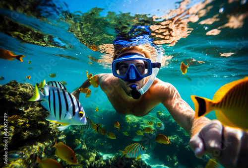 Man snorkeling in the tropical water with colorful fishes and corals. Shallow field of view