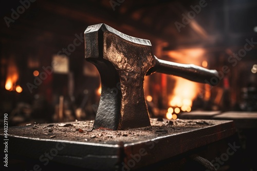 Close-up photo shoot of hammer meeting anvil in a dimly lit smith workshop.