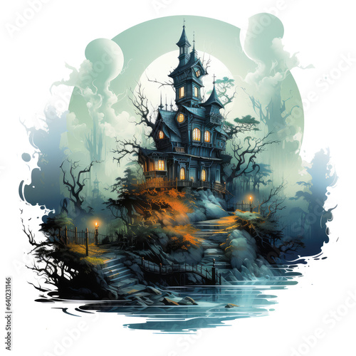 An eerie Halloween t-shirt design with a haunted mansion shrouded in fog, a faint glow coming from the windows, graffiti, vector sticker art, Generative Ai