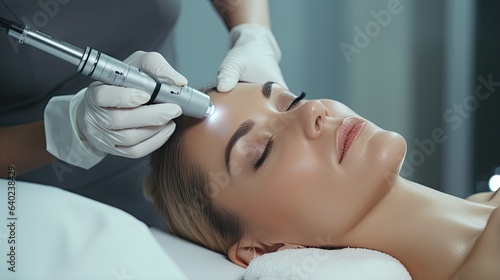 Young woman receiving facial hydro microdermabrasion treatment with apparatus from beautician in spa, close up portrait. Medicine, healthcare and beauty concept, generative ai