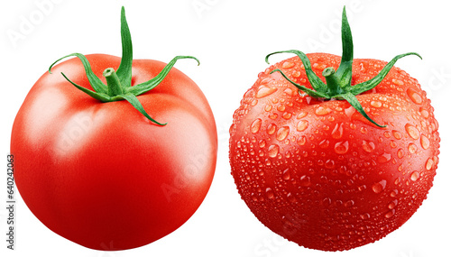 Ripe fresh red tomato with water drop and without isolated on transparent background