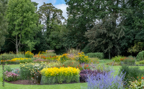 Bressingham, Norfolk, UK – August 21 2023. Landscaped gardens and flowerbeds in a public park