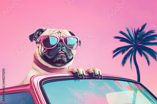 Smiling happy pug dog in a pink leather punk jacket posing in a retro convertible car on a sunny day. Generative AI.