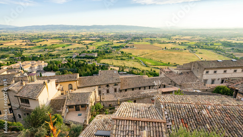 A wide view from the town of Assisi of the Umbrian countryside taken from the Basilica of St Francis, Italy.
