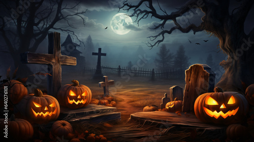 Halloween Card Party - Pumpkins And Zombies In Graveyard With Wooden Board