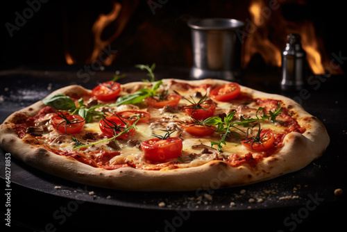 Food photography, pizza in a luxurious Michelin kitchen style, studio lighting, depth of field, ultra detailed