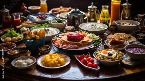 Fancy Breakfast table top angle with variety of dishes