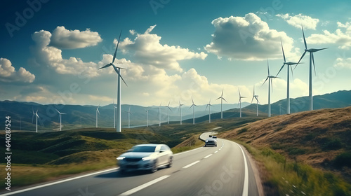 Car drives along a mountain road against the backdrop of wind turbines. Alternative energy for the car. An electric car against the backdrop of wind turbine farms