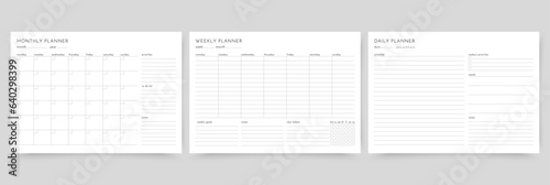 Monthly, weekly, daily planners. Set of timetables for month, week and day. Schedule template. Empty notebook page. Week starts Monday. Homework organizer. Simple blank of diary. Vector illustration.