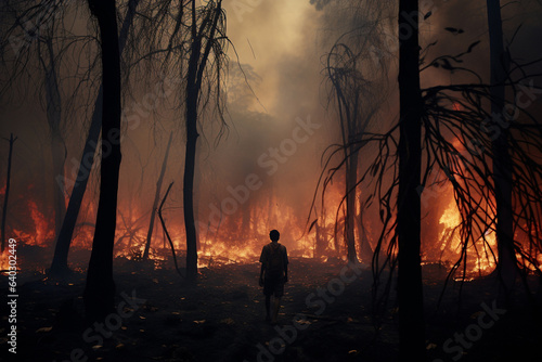 Photo of a person standing in front of a burning forest fire with large flames and smoke everywhere