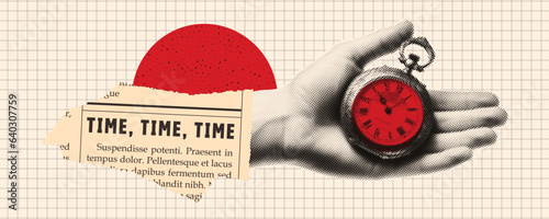 A hand holds an pocket clock. Trendy halftone collage. Concept of coming deadline and time management. Contemporary vector banner on vintage checkered background.