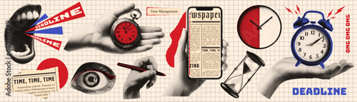 Vintage collage. Halftone hands, mouth, eyes, clock. Concept of deadlines and time management. Retro newspaper. Modern vector illustration.