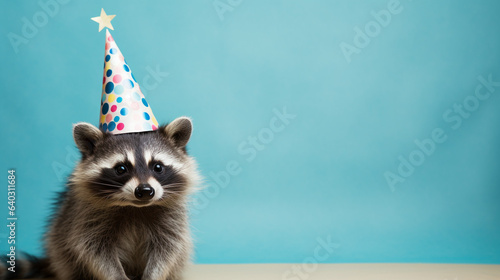 Cute raccoon with birthday hat on background, copy space, generative AI