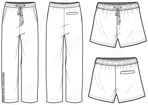 Men's Pajama bottom and boxer shorts front and back view flat sketch fashion illustration drawing, Sleepwear trouser pants and shorts set vector template mockup