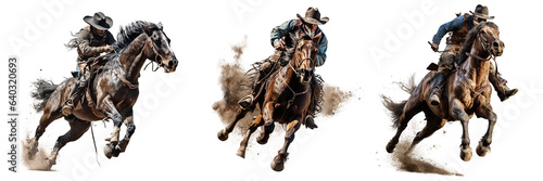 Saddle Bronc rodeo horse with riding cowboy Isolated on transparent background