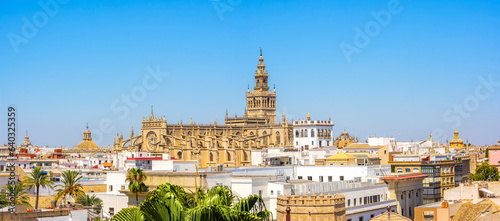 Panoramic view of the Seville Cathedral. Seville, Andalusia, Spain.