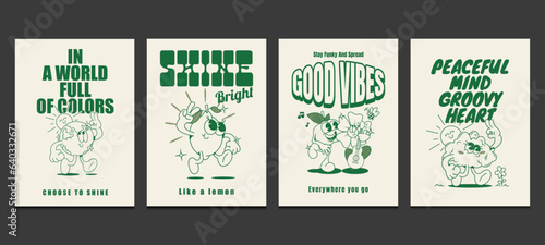 groovy posters 70s, retro posters with funny cartoon characters, vector illustration