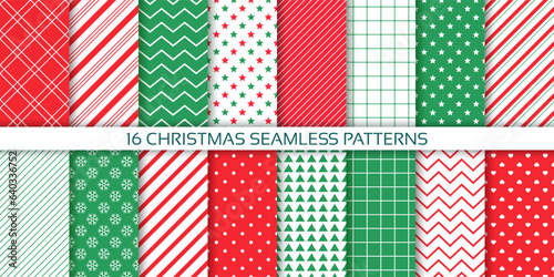 Xmas pattern. Christmas background. Seamless prints with candy cane stripes, zig zag, triangle, polka dot, plaid. Set New year textures. Festive wrapping paper. Red green backdrop. Vector illustration