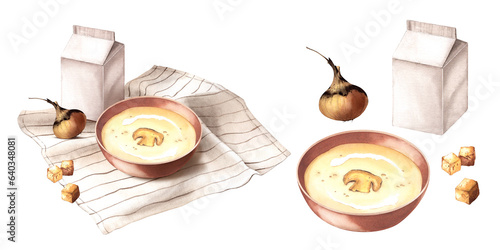 A bowl of puree soup on a kitchen towel, next to it is a box of cream or milk, croutons and onions. Cream soup recipe. Home cooking. Watercolor illustration of food.