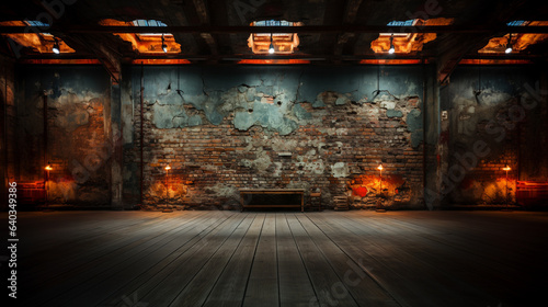 zniszczone pomieszczenie z drewnianą podłogą w nieczynnej fabryce, koncepcja tła dla pokazów przedmiotów i ludzi