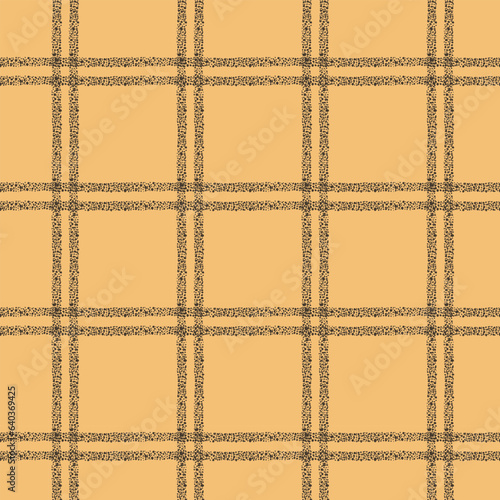 Simple plaid seamless pattern of thin grainy double crossing brown lines on ochre backdrop. Casual big square textured grid surface design for textiles.