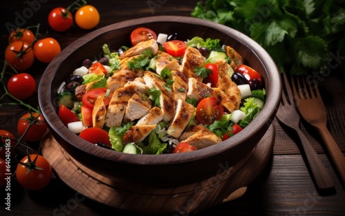 Salad chicken in a bowl on a wooden table