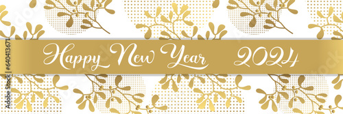 2024- Carte de vœux ou Bannière élégante et luxueuse or sur un fond blanc, pour souhaiter la nouvelle année sous un bouquet de houx - texte anglais.