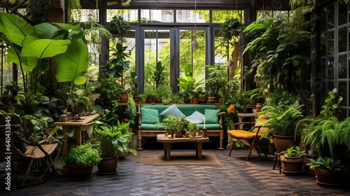 Photo of a lush and vibrant living room filled with an abundance of green plants