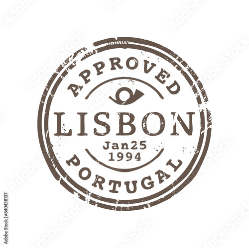 Approved Lisbon Portugal postage delivery stamp, postmark of European country, postcard label print. Rubber postal seal, international post mark