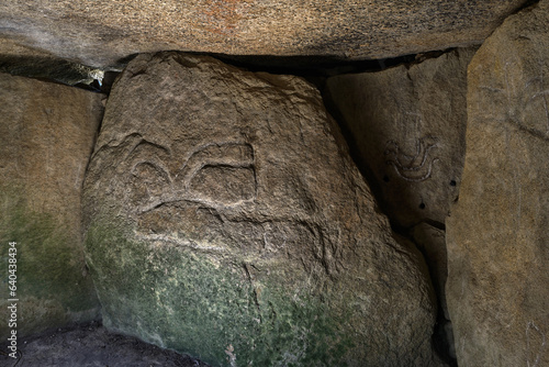 Mane Lud Neolithic dolmen chambered cairn. Locmariaquer, Brittany, France. Carved spouting whale on the passageway end stone