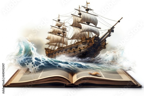 Pirate ship coming out of a book, fantasy concept, white background. Generative AI