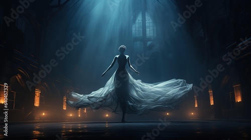 Ghost ballerina dance on old theater stage at night. cartoon illustration of dead woman spirit in abandoned dark opera
