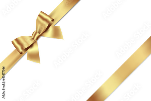 Gold Bow and Ribbon Realistic shiny satin with shadow place on left corner for decorate your wedding invitation card ,greeting card or gift boxes vector EPS10 isolated on white background.