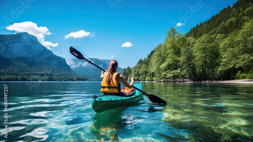 Portrait young woman canoeing in the lake AI Generative