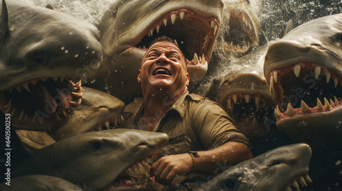 a man screaming in the water surrounded by sharks.