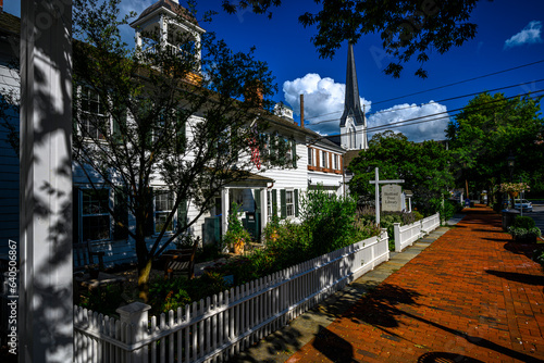 Old Post Road in Bedford Village Historic District on a sunny summer day; Bedford, NY, USA