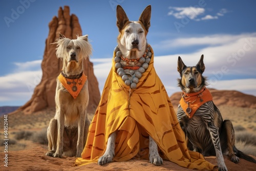 whimsical image of anthropomorphic dog wearing tribal clothing, Humour, dogs family wearing tribal clothing, Generative AI
