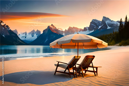 Summer beach Concept with beach chair and umbrella on sunset evening