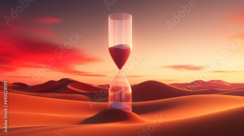 A 3D render depicting a vast desert landscape, dominated by a giant hourglass tower. As the sands shift within the hourglass, they mirror the ever-changing dunes below