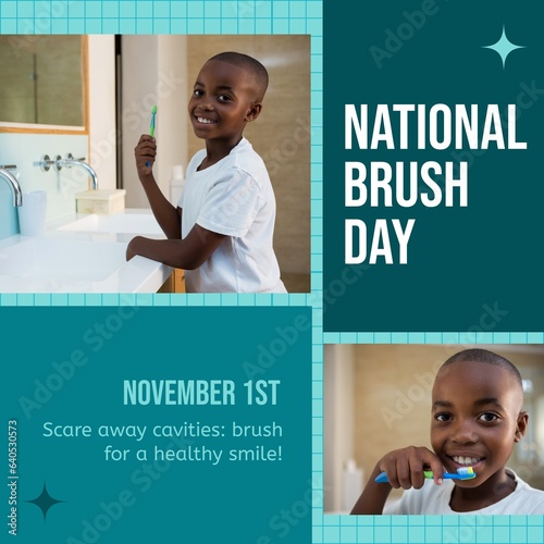 Collage of african american boy brushing teeth, november 1st and national brush day text