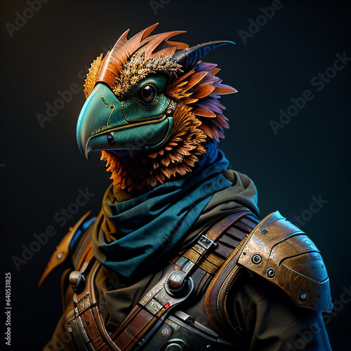 AI Generated. Bird warrior in medieval leather armor. Fantasy character.