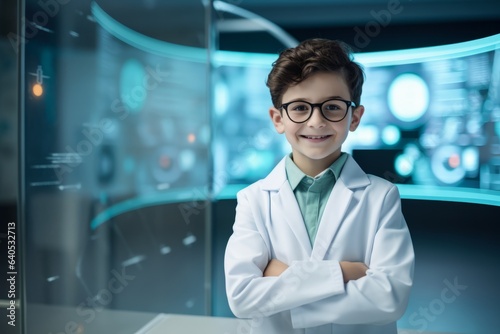 Portrait of smiling boy in glasses standing with arms crossed in laboratory