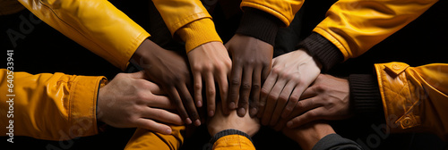 Multikulti Hände für den Zusammenhalt als Team greifen sich in Querformat als Banner, ai generativ