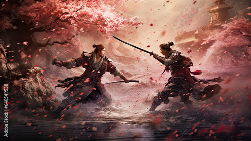 Samurai duel under a cascade of cherry blossoms