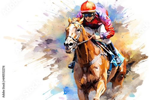 Horse jockey riding on a racecourse, watercolor painting, Abstract racing horse with jockey from splash of watercolors, AI Generated
