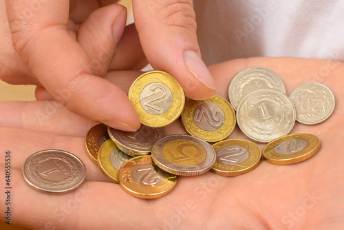 Polskie monety trzymane w ręce podczas odliczania kwoty do zapłaty 
