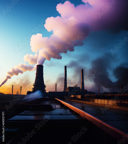 Cole power plant industry chimney releases dirty carbon monoxide smoke into air, generative ai illustration