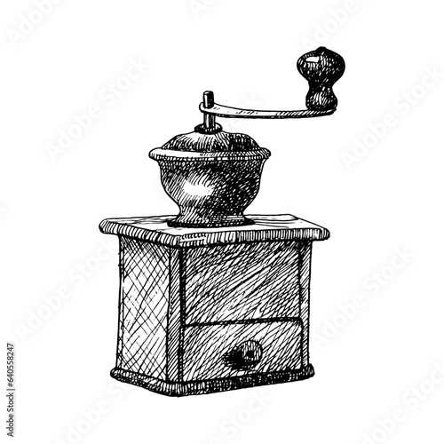 Hand-drawn illustration of Coffee Grinder. Ink. Vector
